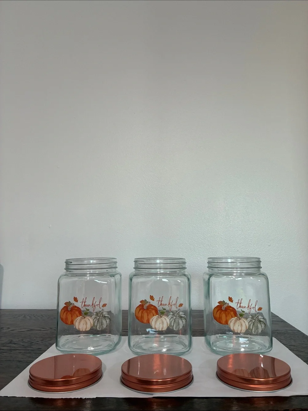 NWT- Set of 3- THANKFUL- Pumpkin Trio Harvest Glass Jars w/ Screw On Copper Lid